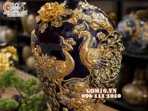 Mai bình vẽ vàng, nền xanh than đắp nổi Chim hoa, cao 52cm