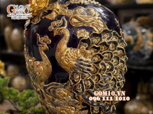 Mai bình vẽ vàng, nền xanh than đắp nổi Chim hoa, cao 52cm