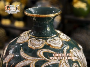 Mai bình vẽ vàng, nền xanh cổ vịt đắp nổi Cá chép Hoa sen, cao 52cm