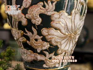 Mai bình vẽ vàng, nền xanh cổ vịt đắp nổi Cá chép Hoa sen, cao 52cm