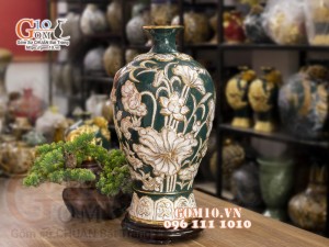 Mai bình vẽ vàng, nền xanh cổ vịt đắp nổi Cá chép Hoa sen, cao 52cm