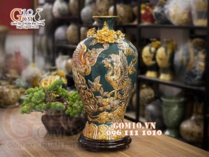 Mai bình vẽ vàng, nền xanh cổ vịt đắp nổi Chim hoa, cao 52cm