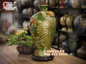 Mai bình vẽ vàng, nền xanh lục đắp nổi Chim hoa, cao 52cm
