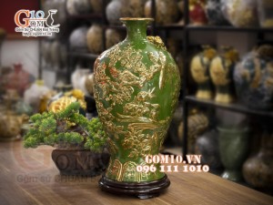 Mai bình vẽ vàng, nền xanh lục đắp nổi Chim hoa, cao 52cm