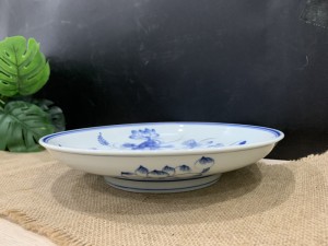 Mâm bồng men lam vẽ Sen Tài Lộc, đường kính 27cm