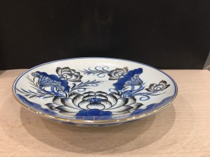 Mâm bồng men lam cổ họa tiết hoa Sen, vẽ vàng 24k, đường kính 25cm