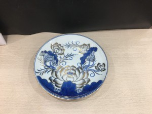 Mâm bồng men lam cổ họa tiết hoa Sen, vẽ vàng 24k, đường kính 25cm