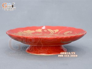 Mâm bồng họa tiết Rồng Phúc - Lộc - Thọ vàng kim men đỏ, đường kính 26cm