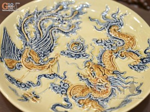 Mâm bồng men hoàng tộc đắp nổi Rồng Phượng Như Ý, đường kính 30cm