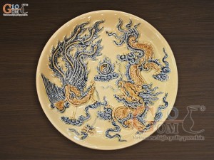 Mâm bồng men hoàng tộc đắp nổi Rồng Phượng Như Ý, đường kính 30cm
