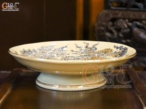 Mâm bồng men hoàng tộc đắp nổi Rồng Phượng Như Ý vẽ vàng 24k, đường kính 23cm
