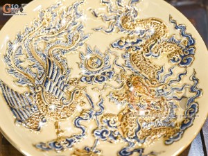Mâm bồng men hoàng tộc đắp nổi Rồng Phượng Như Ý vẽ vàng 24k, đường kính 23cm