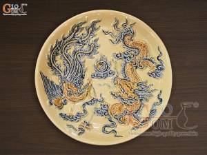 Mâm bồng men hoàng tộc đắp nổi rồng phượng tài vượng, đường kính 23cm