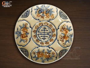 Mâm bồng men hoàng tộc đắp nổi Sen, đường kính 23cm