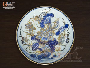 Mâm bồng men lam cổ hoa sen vẽ vàng, phi 30cm