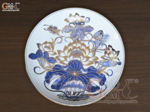 Mâm bồng men lam cổ vẽ Sen Tài Lộc vẽ vàng 24k, đường kính 25cm