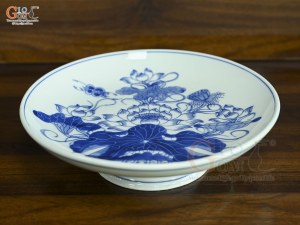 Mâm bồng men lam vẽ Sen Đại Cát, đường kính 15cm