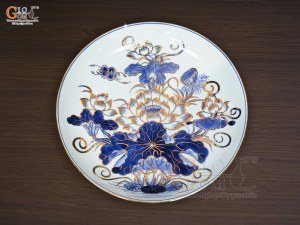 Mâm bồng men lam vẽ Sen Đại Cát vẽ vàng, đường kính 26cm