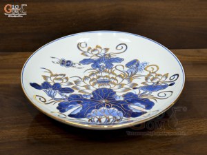 Mâm bồng men lam vẽ Sen Đại Cát vẽ vàng, đường kính 26cm