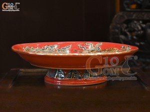 Mâm bồng men màu đắp nổi Rồng Phượng Như Ý nền đỏ vẽ vàng 24k, đường kính 30cm