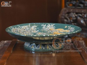 Mâm bồng men màu đắp nổi Rồng Phượng Như Ý nền xanh lục bảo, đường kính 20cm