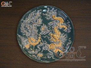 Mâm bồng men màu đắp nổi Rồng Phượng Như Ý nền xanh lục bảo, đường kính 26cm