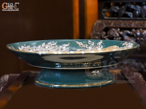 Mâm bồng men màu đắp nổi Rồng Phượng Như Ý nền xanh lục bảo vẽ vàng 24k, đường kính 20cm
