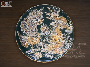 Mâm bồng men màu đắp nổi Rồng Phượng Như Ý nền xanh lục bảo vẽ vàng 24k, đường kính 28cm