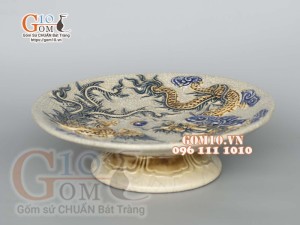 Mâm bồng men rạn đắp nổi, đường kính 32cm