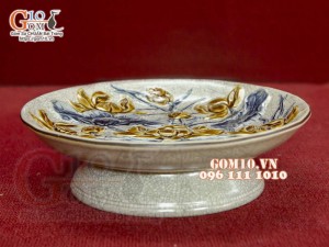 Mâm bồng men rạn đắp nổi Sen Cát Tường, đường kính 20cm