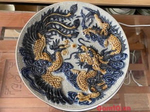 Mâm bồng men rạn đắp nổi rồng phượng, đường kính 28cm