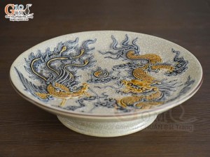 Mâm bồng men rạn đắp nổi Rồng Phượng Như Ý, đường kính 20cm