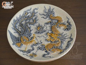 Mâm bồng men rạn đắp nổi Rồng Phượng Như Ý, đường kính 20cm