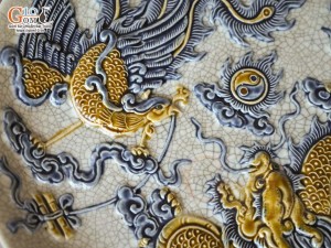 Mâm bồng men rạn đắp nổi Rồng Phượng Như Ý, đường kính 20cm