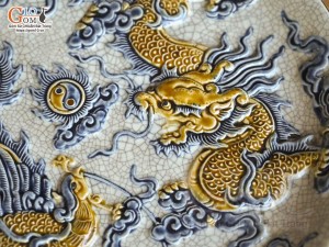 Mâm bồng men rạn đắp nổi Rồng Phượng Như Ý, đường kính 20cm