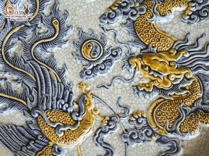 Mâm bồng men rạn đắp nổi Rồng Phượng Như Ý, đường kính 20cm