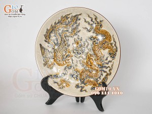 Mâm bồng men rạn đắp nổi Rồng Phượng Như Ý vẽ vàng 24k, đường kính 30cm