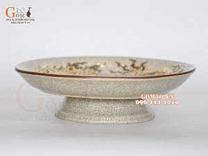 Mâm bồng men rạn đắp nổi Rồng Phượng Như Ý vẽ vàng 24k, đường kính 30cm
