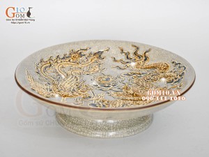Mâm bồng men rạn đắp nổi Rồng Phượng Như Ý vẽ vàng 24k, đường kính 30cm