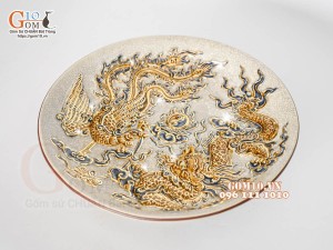 Mâm bồng men rạn đắp nổi Rồng Phượng Như Ý vẽ vàng 24k, đường kính 30cm