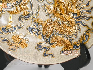 Mâm bồng men rạn đắp nổi Rồng Phượng Như Ý vẽ vàng 24k, đường kính 30cm