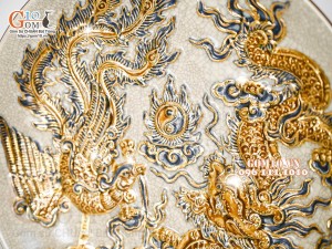 Mâm bồng men rạn đắp nổi Rồng Phượng Như Ý vẽ vàng 24k, đường kính 30cm