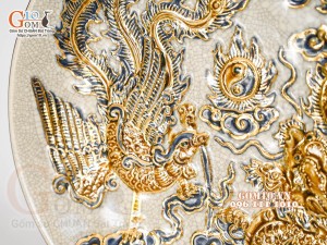 Mâm bồng men rạn đắp nổi Rồng Phượng Như Ý vẽ vàng 24k, đường kính 30cm