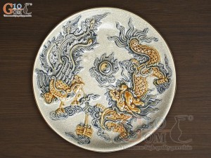Mâm bồng men rạn đắp nổi Rồng Phượng Tài Vượng, đường kính 25cm