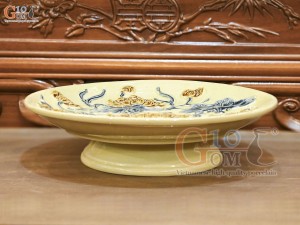 Mâm bồng men hoàng tộc đắp nổi Sen Cát Tường, đường kính 32cm
