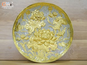 Mâm bồng men rạn đắp nổi Sen dát vàng 24k, đường kính 25cm