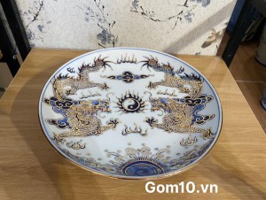 Mâm bồng men rong cổ chân cao vẽ Rồng, đường kính 26cm - vẽ Vàng 24k