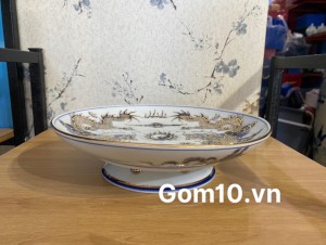 Mâm bồng men rong cổ chân cao vẽ Rồng, đường kính 28cm - vẽ Vàng 24k