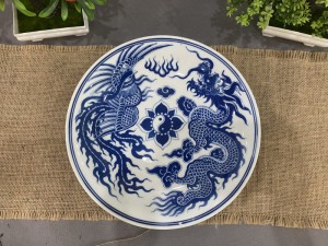 Mâm bồng men rong cổ vẽ Rồng Phượng, đường kính 24cm