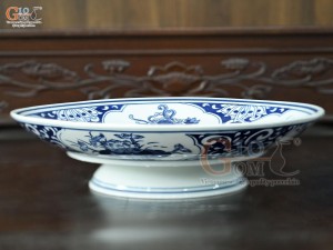 Mâm bồng men trắng họa tiết Tứ Cảnh Tài Lộc, đường kính 20cm